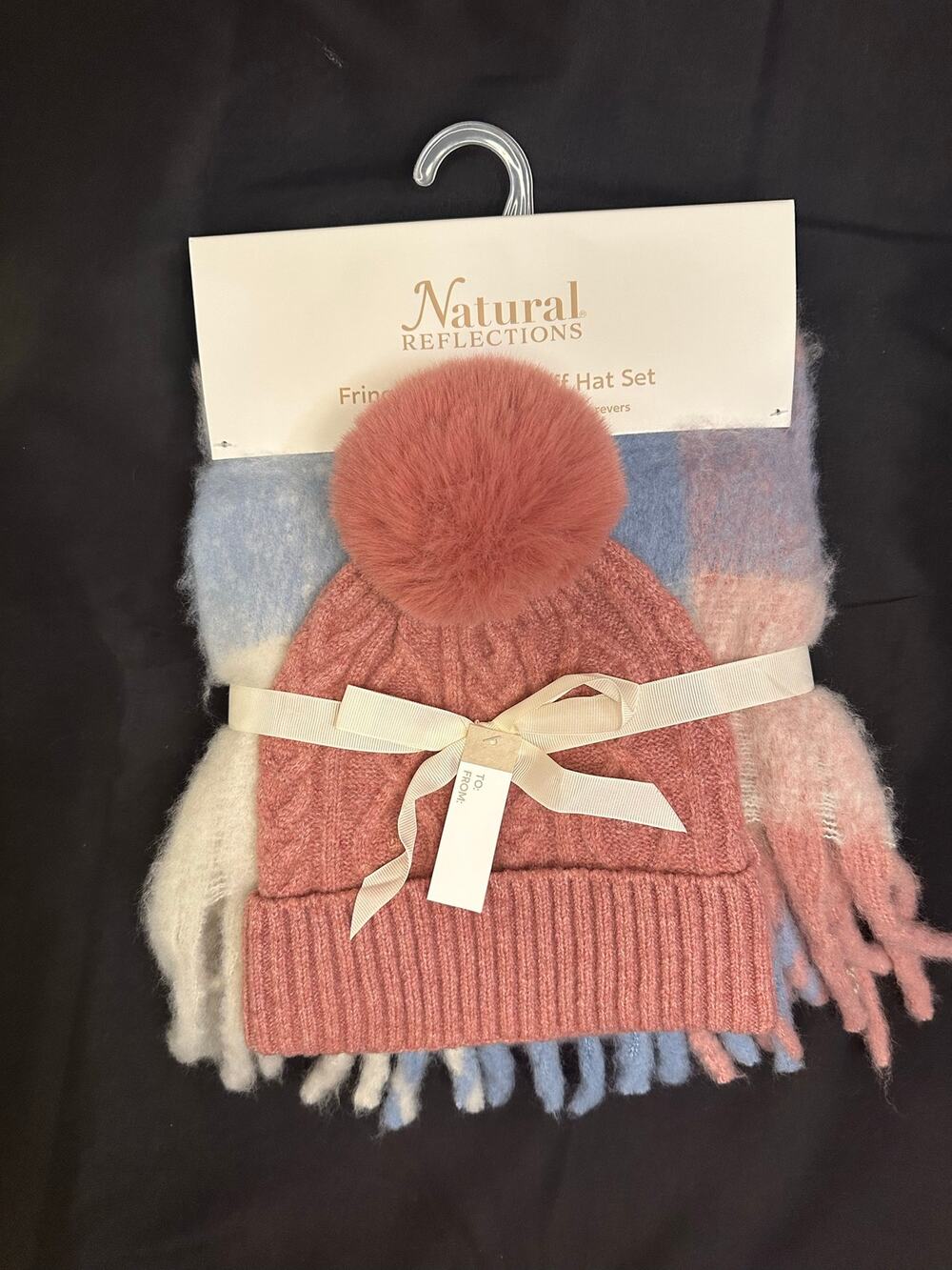 Natural Reflections Fringe Plaid Scarf and Pom-Pom Beanie Hat Gift Set NWT